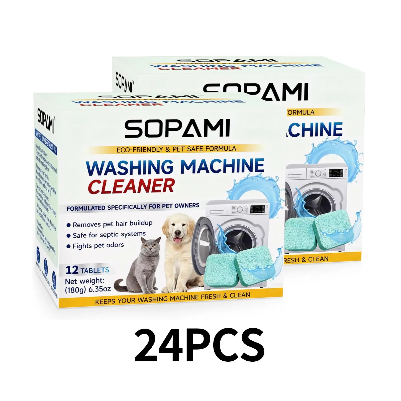SOPAMI Washing Machine Cleaner Tablets 12 count formulated for pet owners fragrance free neutralizes pet odors removes pet hair buildup safe for septic systems dissolves dirt and residue