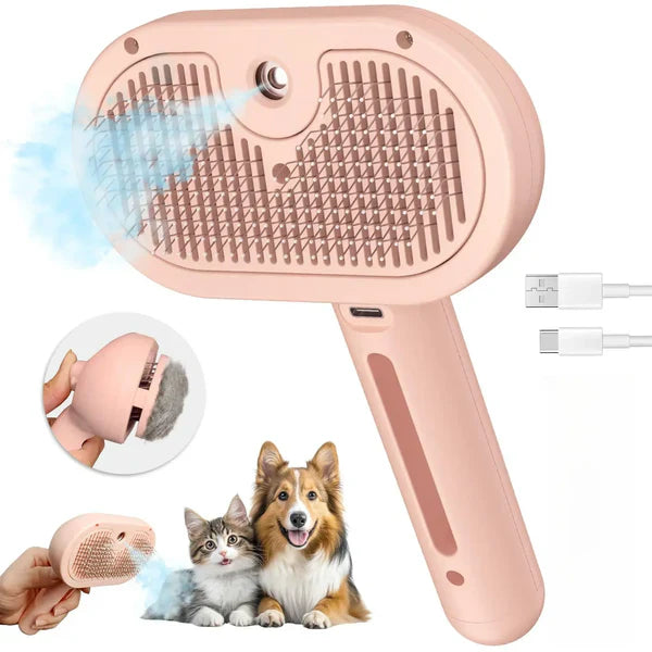 3-in-1 Steam Pet Brush | Self-Cleaning Grooming Comb for Dogs & Cats | Anti-Static Mist Spray | Bionic Anti-Scratch Pins | USB Rechargeable (White)