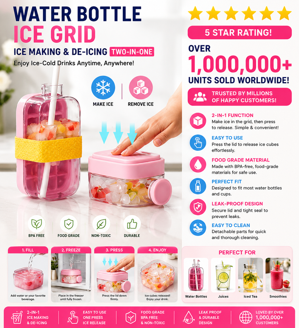 3-in-1 Ice Maker Bottle – Silicone Ice Cube Mold with Storage Container & Leak-Proof Drink Cup | Easy One-Press Release | 500ml
