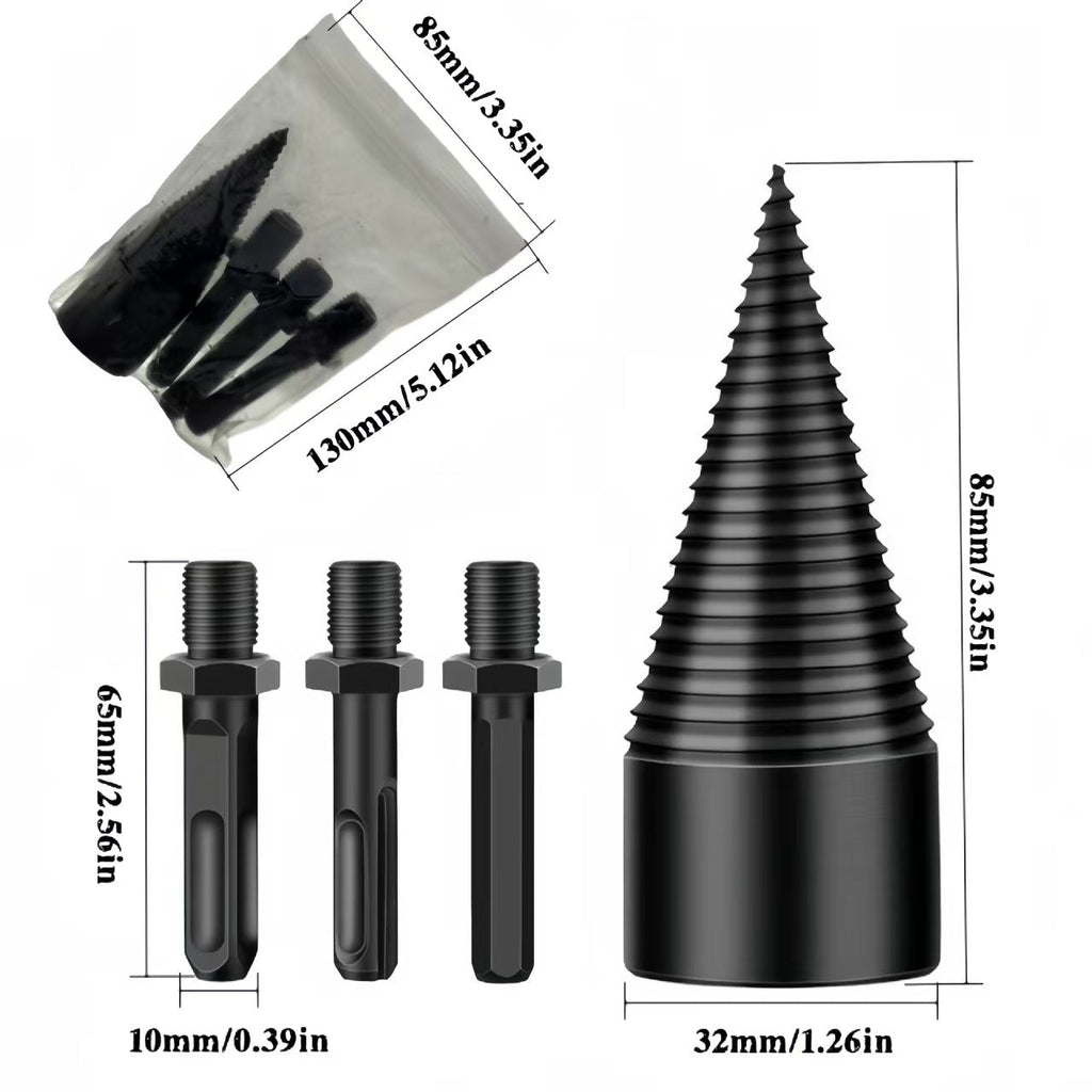 32mm Firewood Splitter Drill Bit Set – Heavy-Duty Wood Splitting Cone for Impact Drill, Electric Hammer & Hand Drill | Round + Square + Hex Shank