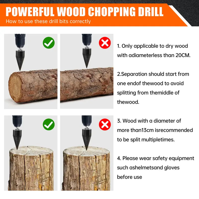 32mm Firewood Splitter Drill Bit Set – Heavy-Duty Wood Splitting Cone for Impact Drill, Electric Hammer & Hand Drill | Round + Square + Hex Shank