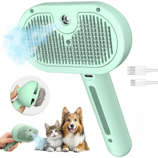 3-in-1 Steam Pet Brush | Self-Cleaning Grooming Comb for Dogs & Cats | Anti-Static Mist Spray | Bionic Anti-Scratch Pins | USB Rechargeable (White)