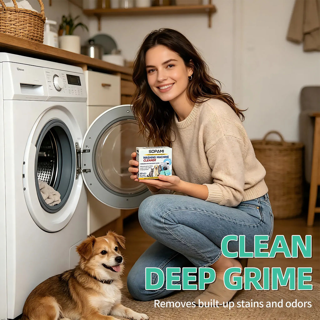 SOPAMI Washing Machine Cleaner Tablets 12 count formulated for pet owners fragrance free neutralizes pet odors removes pet hair buildup safe for septic systems dissolves dirt and residue