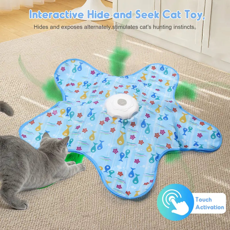 Interactive Hide & Seek Cat Toy — 360° Rotating Feather, Bird Sounds, 3 Modes, USB-C