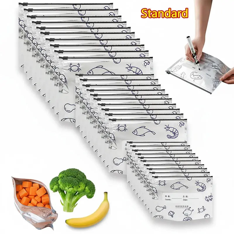 Reusable Aluminum Foil Food Storage Bags with Zipper Lock & Labels | Thickened, Upright, Washable | For Fridge, Freezer, Meat, Vegetables & Fruits | Multi-Size Set