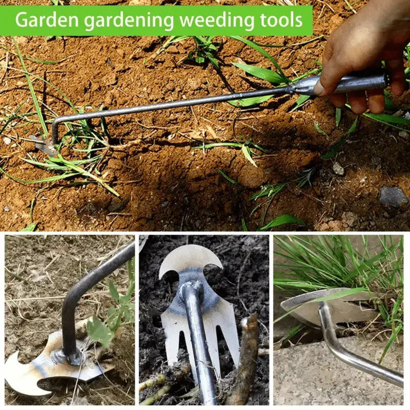 Manganese Steel 3-in-1 Garden Weed Puller Tool | Hook Grass, Loosen Soil & Shovel | Crescent Blade + 4-Tooth Nail Rake | Durable Forged Weeding Artifact
