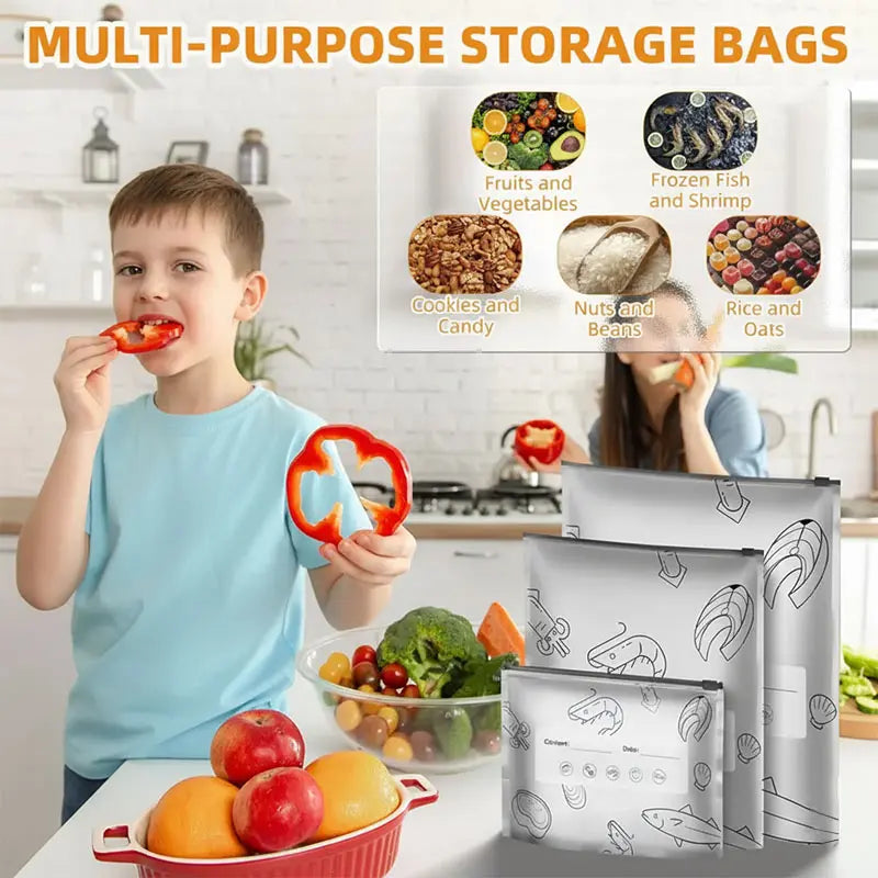 Reusable Aluminum Foil Food Storage Bags with Zipper Lock & Labels | Thickened, Upright, Washable | For Fridge, Freezer, Meat, Vegetables & Fruits | Multi-Size Set