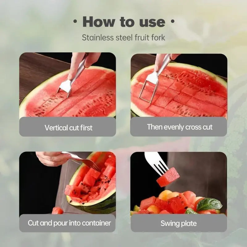 2-in-1 Watermelon Fork Slicer Cutter | 2Pcs Stainless Steel | Cut, Cube & Serve in One Tool | Portable for Camping, Picnics & Home Use