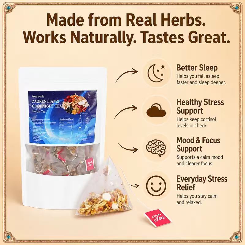 Treecode Zaoren Lianzi Goodnight Tea – Melatonin-Free Deep Sleep Herbal Tea | Cortisol Relief, Stress & Calm | 30/60/120 Bags