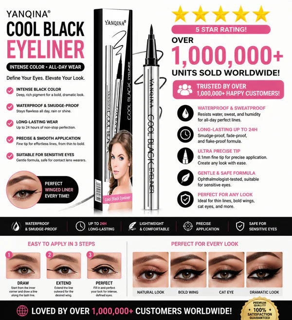 YANQINA Cool Black Eyeliner Pen | Waterproof & Smudge-Proof | 24H Long-Lasting | 0.1mm Ultra Precise Tip | Vegan & Cruelty-Free | Safe for Sensitive Eyes