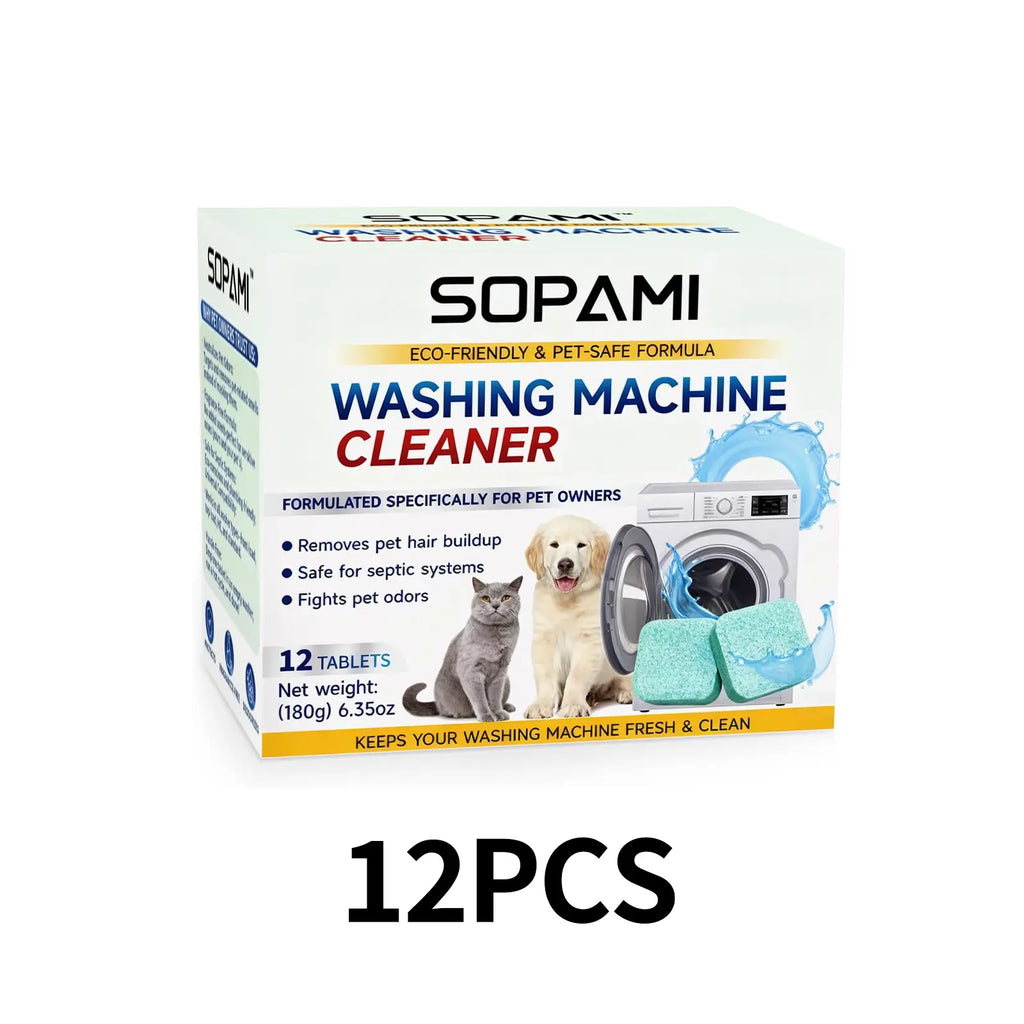 SOPAMI Washing Machine Cleaner Tablets 12 count formulated for pet owners fragrance free neutralizes pet odors removes pet hair buildup safe for septic systems dissolves dirt and residue