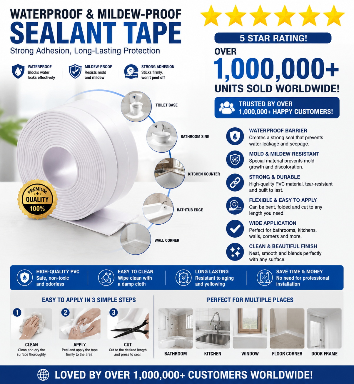 HOTYPXQ Self-Adhesive White Caulk Tape – Waterproof PE Sealant Strip