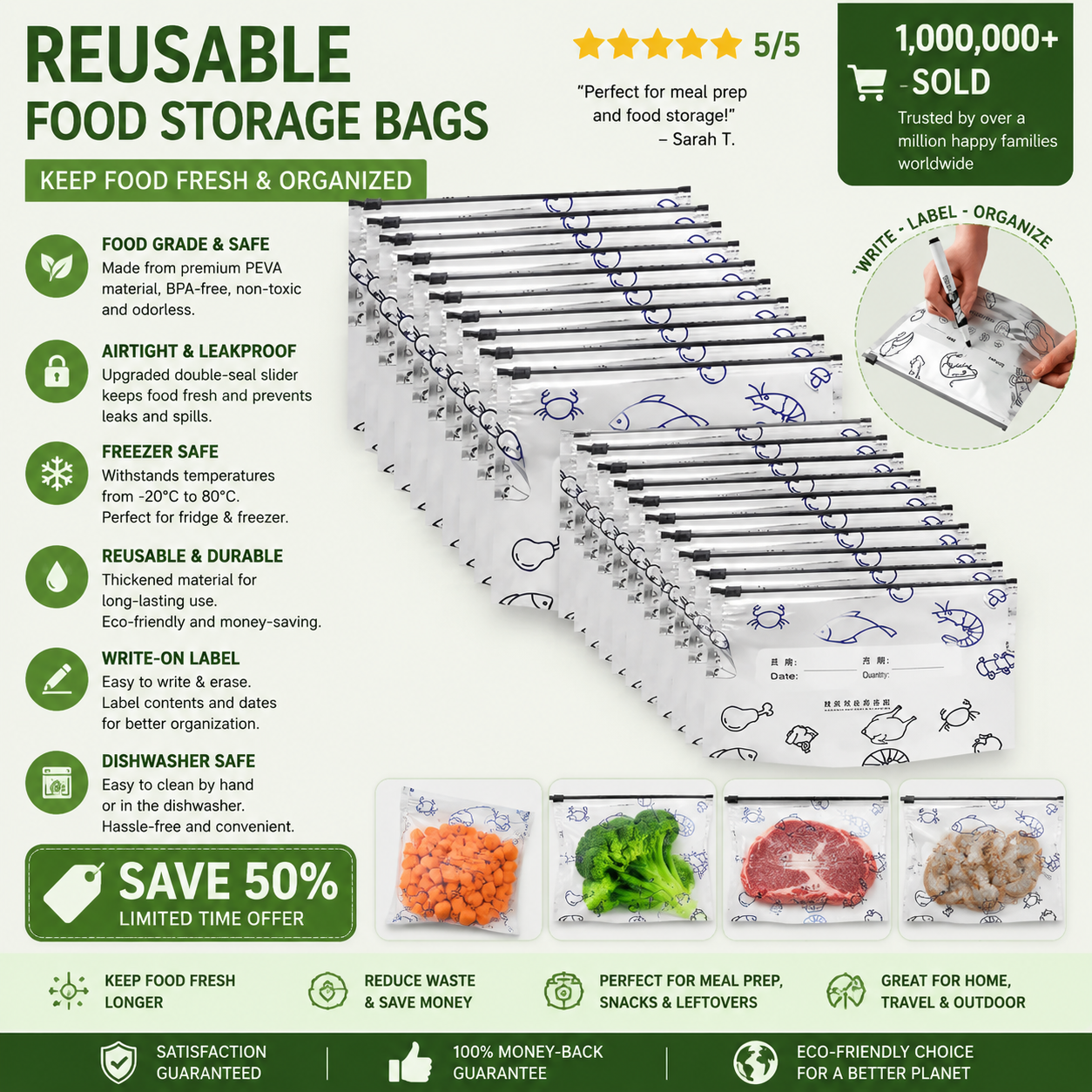 Reusable Aluminum Foil Food Storage Bags with Zipper Lock & Labels | Thickened, Upright, Washable | For Fridge, Freezer, Meat, Vegetables & Fruits | Multi-Size Set