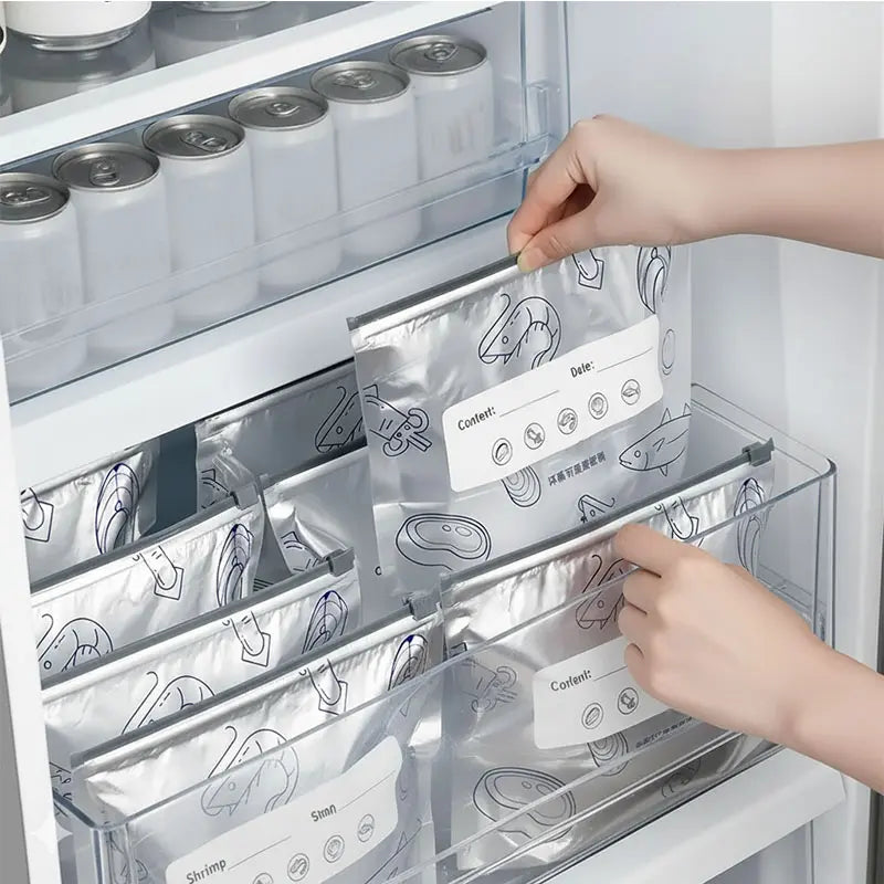 Reusable Aluminum Foil Food Storage Bags with Zipper Lock & Labels | Thickened, Upright, Washable | For Fridge, Freezer, Meat, Vegetables & Fruits | Multi-Size Set