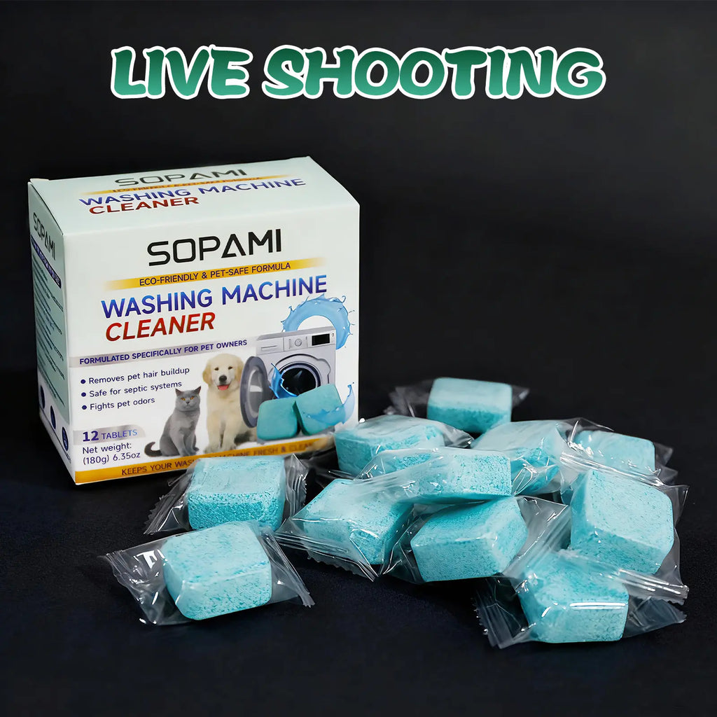 SOPAMI Washing Machine Cleaner Tablets 12 count formulated for pet owners fragrance free neutralizes pet odors removes pet hair buildup safe for septic systems dissolves dirt and residue