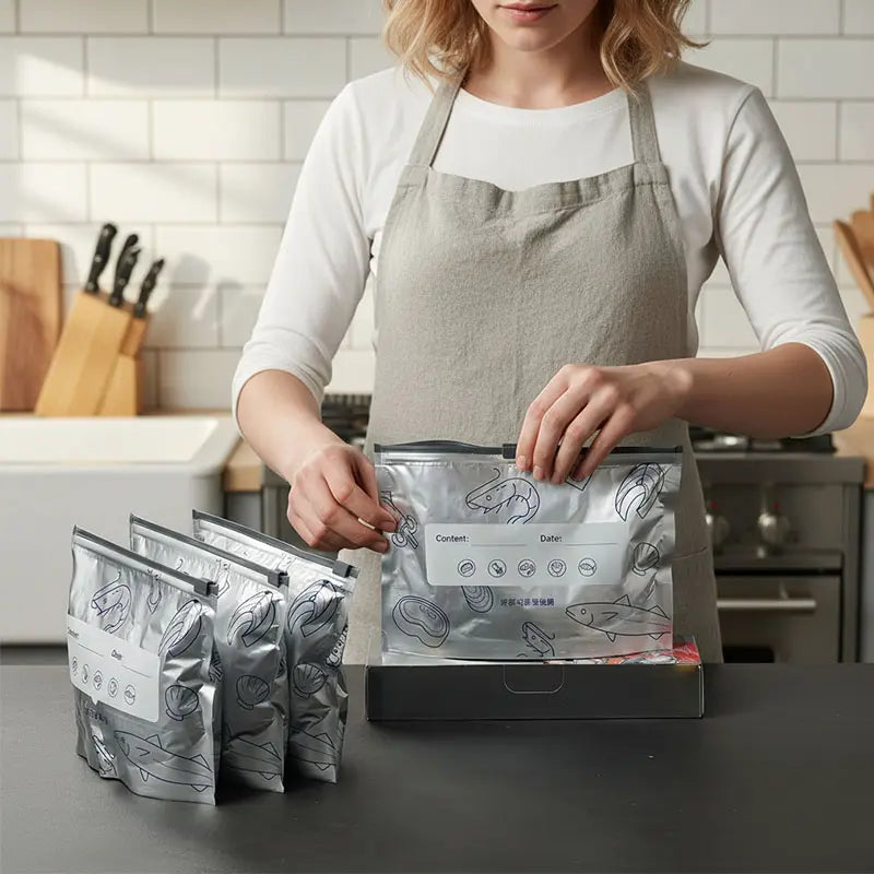 Reusable Aluminum Foil Food Storage Bags with Zipper Lock & Labels | Thickened, Upright, Washable | For Fridge, Freezer, Meat, Vegetables & Fruits | Multi-Size Set
