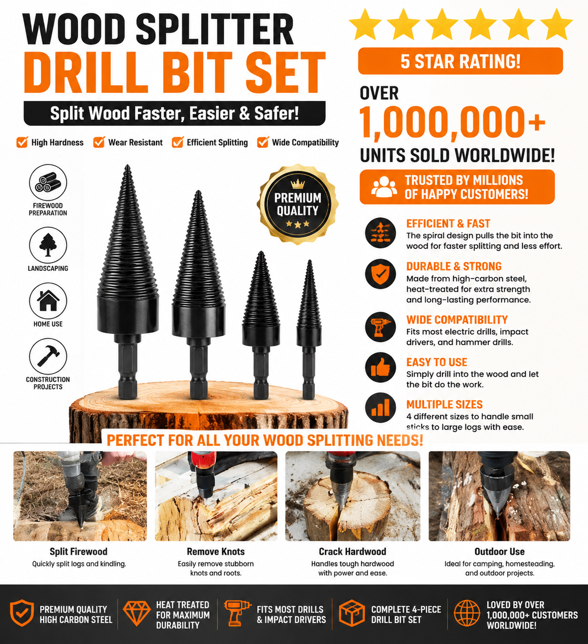 32mm Firewood Splitter Drill Bit Set – Heavy-Duty Wood Splitting Cone for Impact Drill, Electric Hammer & Hand Drill | Round + Square + Hex Shank