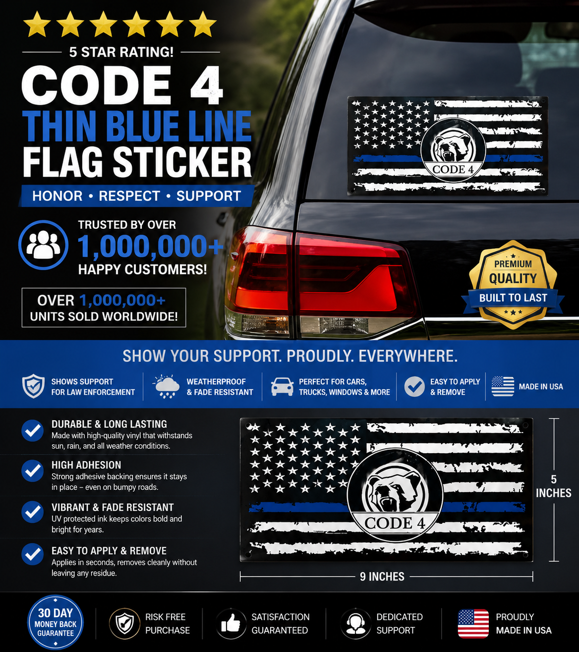 Thin Blue Line Code 4 Sticker - Show Police Support! Waterproof 3D Decal for Car, Laptop, Helmet | Back the Blue Cop Gift