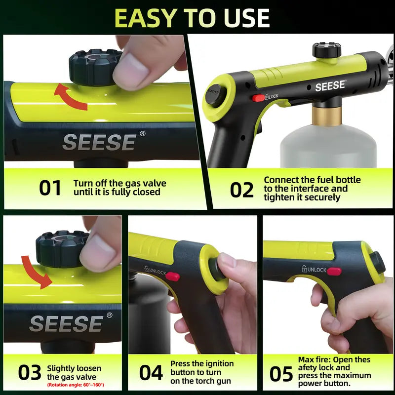 SEESE Propane Torch — One-Touch Max Fire, Safety Lock, Adjustable Flame | BBQ, Searing, Fireplace