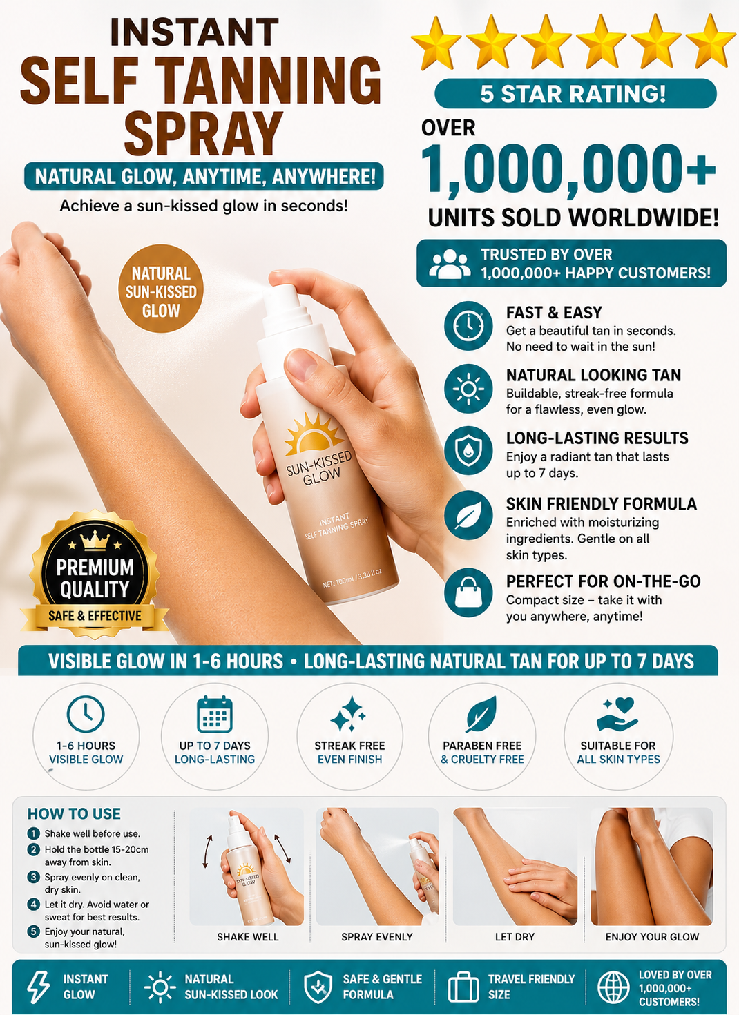 GRODOM Sun-Kissed Glow Self Tanning Water Mist – Organic, Streak-Free & Natural Tan for Body, Face & Hands | Cruelty-Free, Vegan, Paraben-Free | All Skin Types