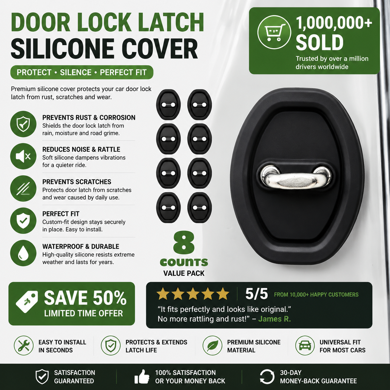 Car Door Lock Latch Silicone Cover – 8-Pack, Universal Fit, Tool-Free Self-Adhesive Installation