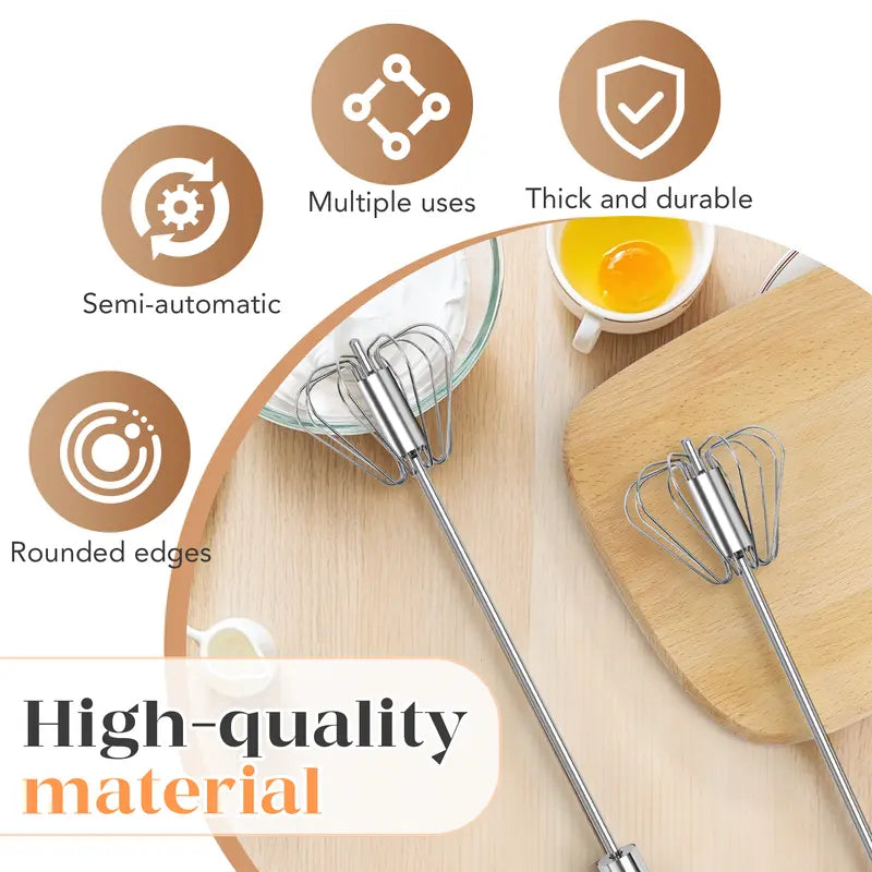 TOCOLES Semi-Automatic Stainless Steel Hand-Push Rotary Whisk | Food-Grade Rust-Resistant | Riveted Construction | Easy to Clean | For Eggs, Coffee & Cooking