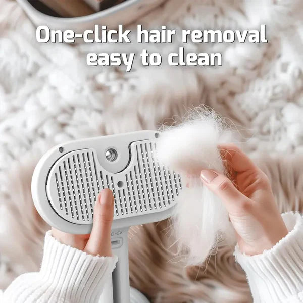 3-in-1 Steam Pet Brush | Self-Cleaning Grooming Comb for Dogs & Cats | Anti-Static Mist Spray | Bionic Anti-Scratch Pins | USB Rechargeable (White)