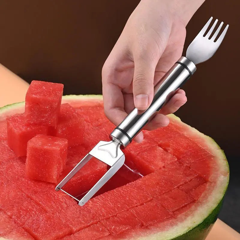 2-in-1 Watermelon Fork Slicer Cutter | 2Pcs Stainless Steel | Cut, Cube & Serve in One Tool | Portable for Camping, Picnics & Home Use