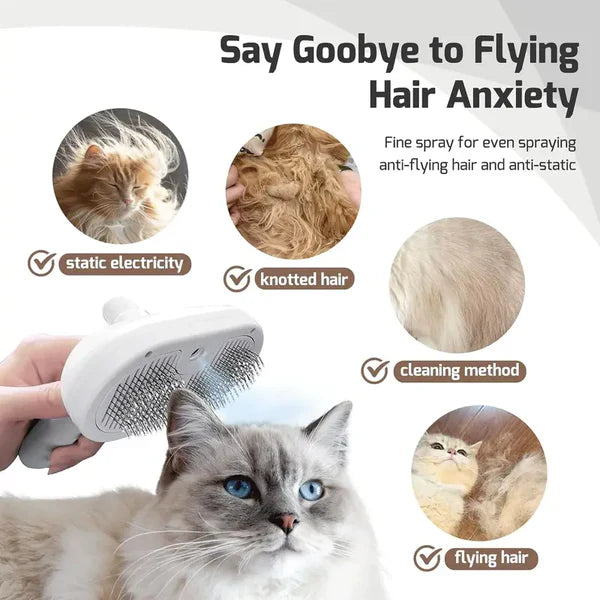 3-in-1 Steam Pet Brush | Self-Cleaning Grooming Comb for Dogs & Cats | Anti-Static Mist Spray | Bionic Anti-Scratch Pins | USB Rechargeable (White)