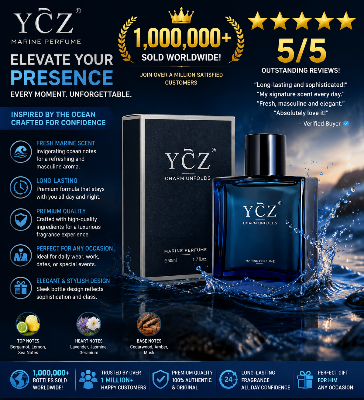 YCZ Midnight Marine Eau De Parfum 50ml - The Scent of Freedom