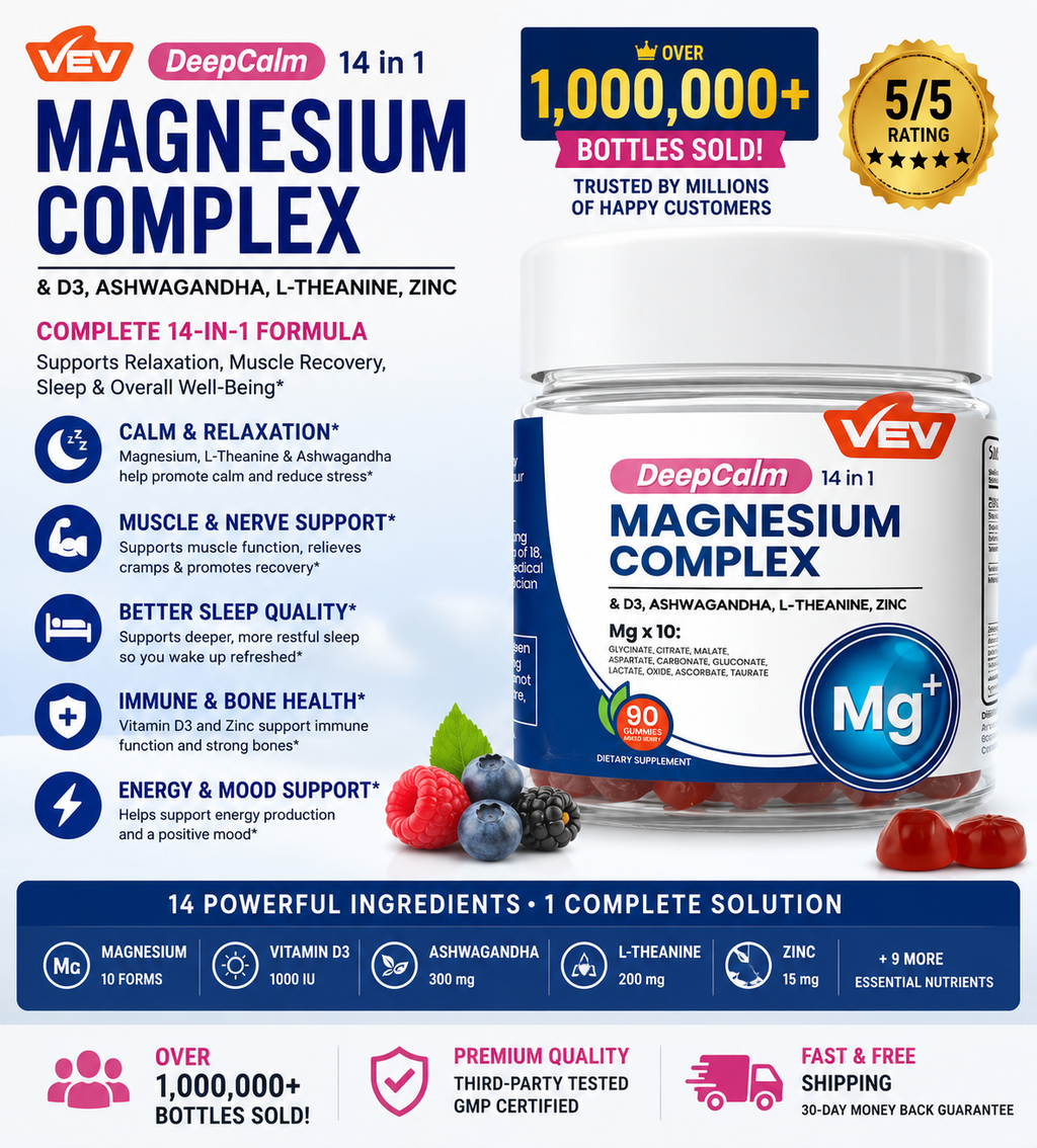 VEV DeepCalm 14-in-1 Magnesium Complex Gummies | Glycinate, D3, Ashwagandha, L-Theanine, Zinc | 90 Count | Vegan | No Added Sugar