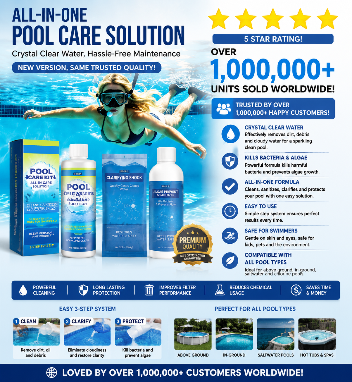 Pool Clarifier for Swimming Pools – Fast-Acting Water Clarifier & Cleaner 100ml