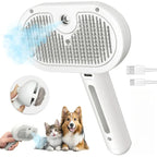 3-in-1 Steam Pet Brush | Self-Cleaning Grooming Comb for Dogs & Cats | Anti-Static Mist Spray | Bionic Anti-Scratch Pins | USB Rechargeable (White)