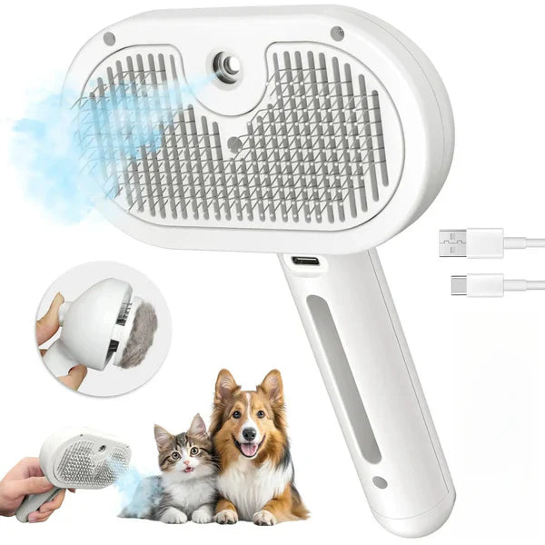 3-in-1 Steam Pet Brush | Self-Cleaning Grooming Comb for Dogs & Cats | Anti-Static Mist Spray | Bionic Anti-Scratch Pins | USB Rechargeable (White)