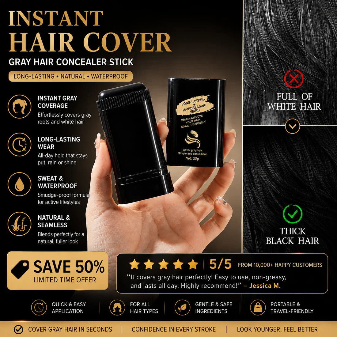 2-Pack Long-Lasting Hair Dye Wand Stick – Instant Gray Coverage, Waterproof & Sweatproof Hairdressing Comb (20g, Black)