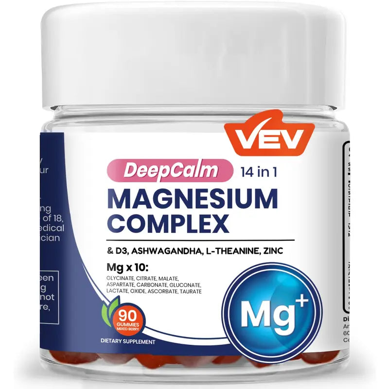 VEV DeepCalm 14-in-1 Magnesium Complex Gummies | Glycinate, D3, Ashwagandha, L-Theanine, Zinc | 90 Count | Vegan | No Added Sugar