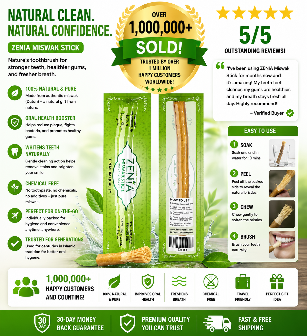 Zenia Miswak Stick – Natural Toothbrush (Sewak / Datun) | Individually Packed, Chemical-Free Oral Care