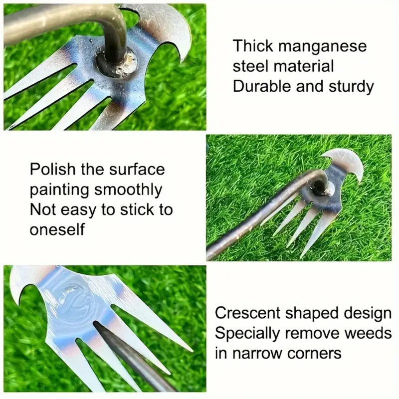 Manganese Steel 3-in-1 Garden Weed Puller Tool | Hook Grass, Loosen Soil & Shovel | Crescent Blade + 4-Tooth Nail Rake | Durable Forged Weeding Artifact