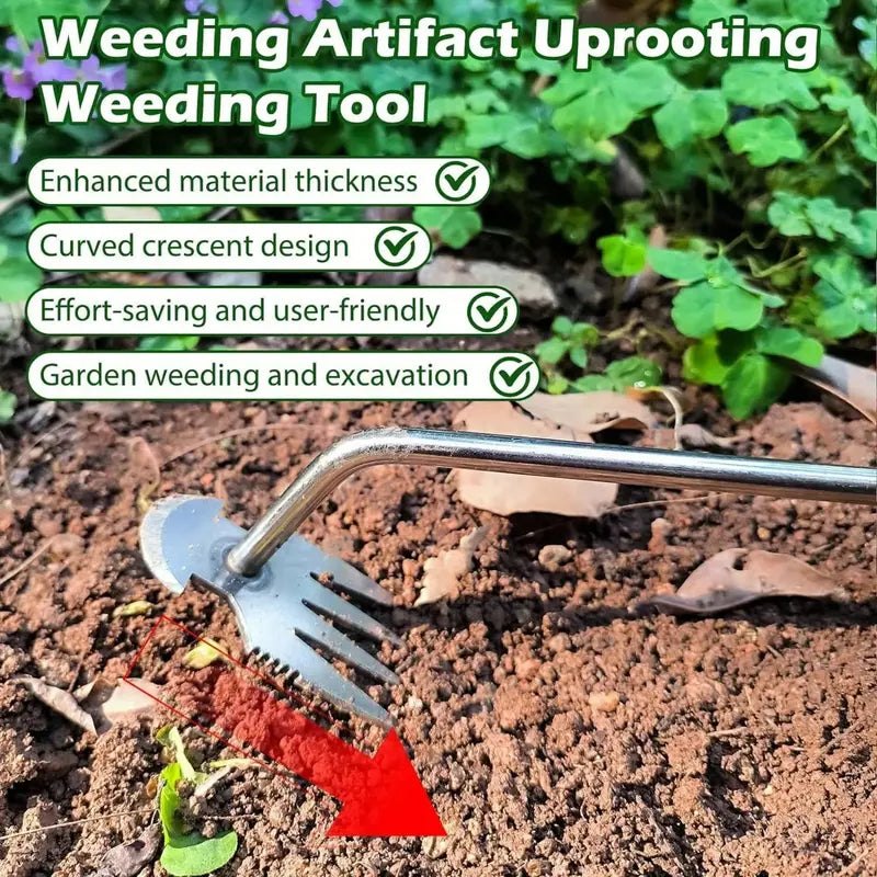 Manganese Steel 3-in-1 Garden Weed Puller Tool | Hook Grass, Loosen Soil & Shovel | Crescent Blade + 4-Tooth Nail Rake | Durable Forged Weeding Artifact