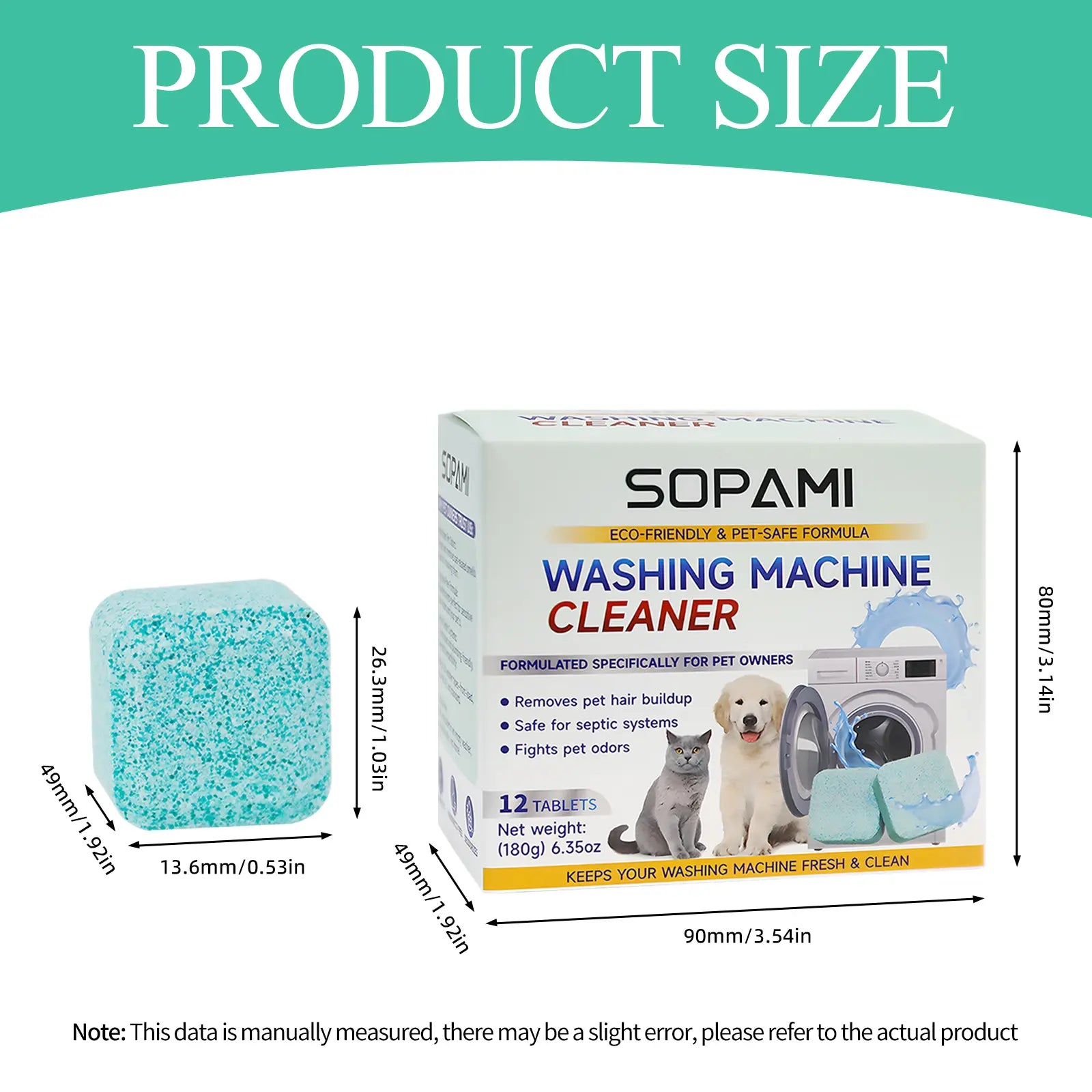 SOPAMI Washing Machine Cleaner Tablets 12 count formulated for pet owners fragrance free neutralizes pet odors removes pet hair buildup safe for septic systems dissolves dirt and residue